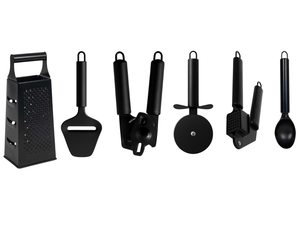Cookinglife Kitchenware Set Black - 6-piece - Tower Grater, Garlic Press, Can Opener, Pizza Cutter, Cheese Slicer & Ice Scoop