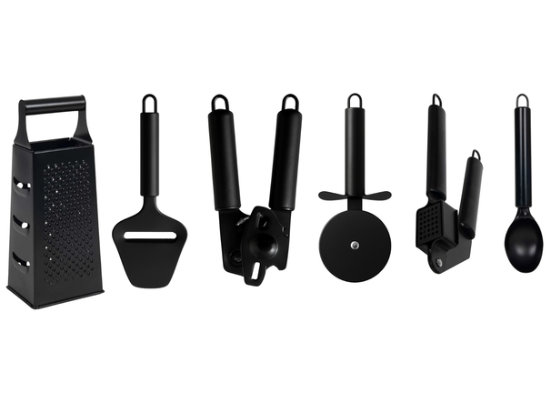 Cookinglife Kitchenware Set Black - 6-piece - Tower Grater, Garlic Press, Can Opener, Pizza Cutter, Cheese Slicer & Ice Scoop