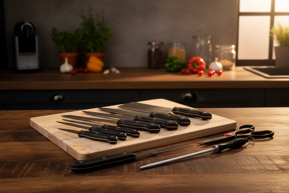 Cookinglife 11-Piece Stainless Steel Knife Set with Cutting Board 45 x 35 cm
