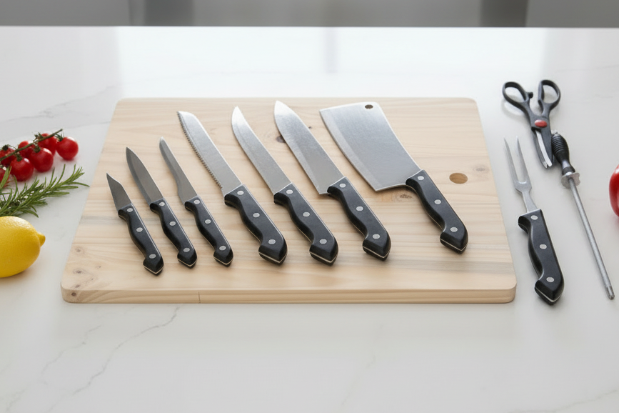 Cookinglife 11-Piece Stainless Steel Knife Set with Cutting Board 45 x 35 cm