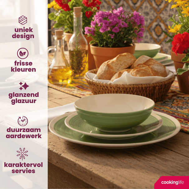 Cookinglife Dinnerware Set Oceanico Green 12-Piece / 4 Persons - 4 dinner plates, 4 breakfast plates and 4 bowls