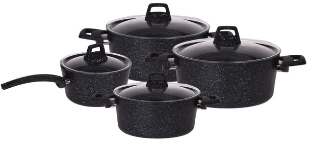 Cookinglife Cookware Set Black Speckle 4-Piece - Aluminum - Cooking Pot ø 20, 22, 24 cm & Saucepan ø 18 cm - Suitable for all heat sources - Standard non-stick coating