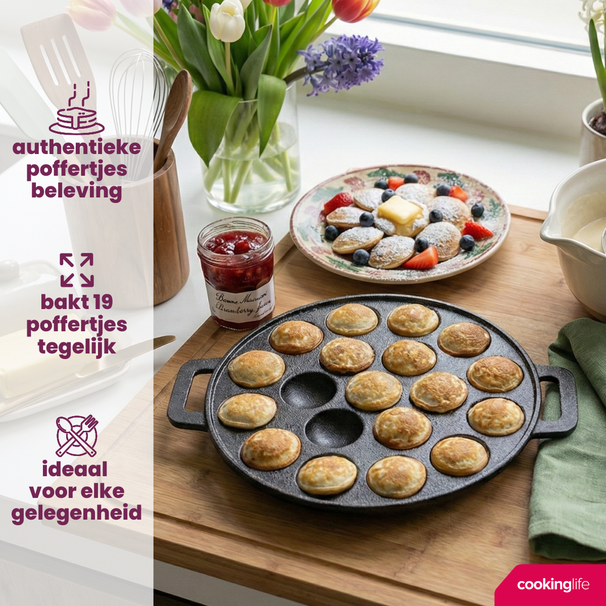 Cookinglife poffertjes pan cast iron Ø 24 cm – 19 cavities – without non-stick coating – suitable for all heat sources