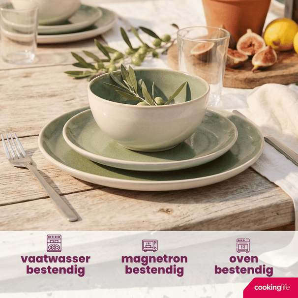 Cookinglife Dinnerware set Serene Green 12-piece / 4 persons - 4 dinner plates, 4 breakfast plates and 4 bowls