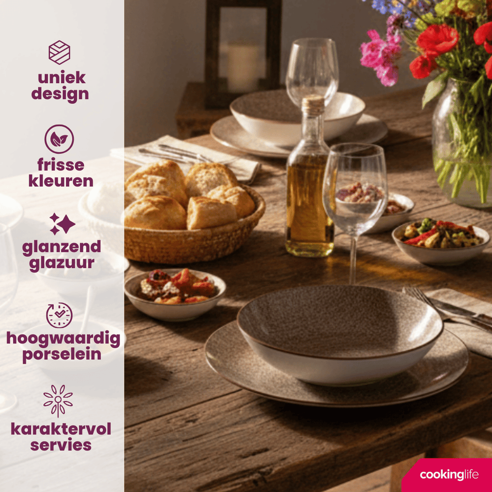 Cookinglife Tela Brown Porcelain Dinnerware Set 12-piece / 4 persons - 4 dinner plates, 4 breakfast plates and 4 deep plates