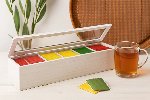 Cookinglife Tea Box Wood White 6-Compartment with Glass Lid