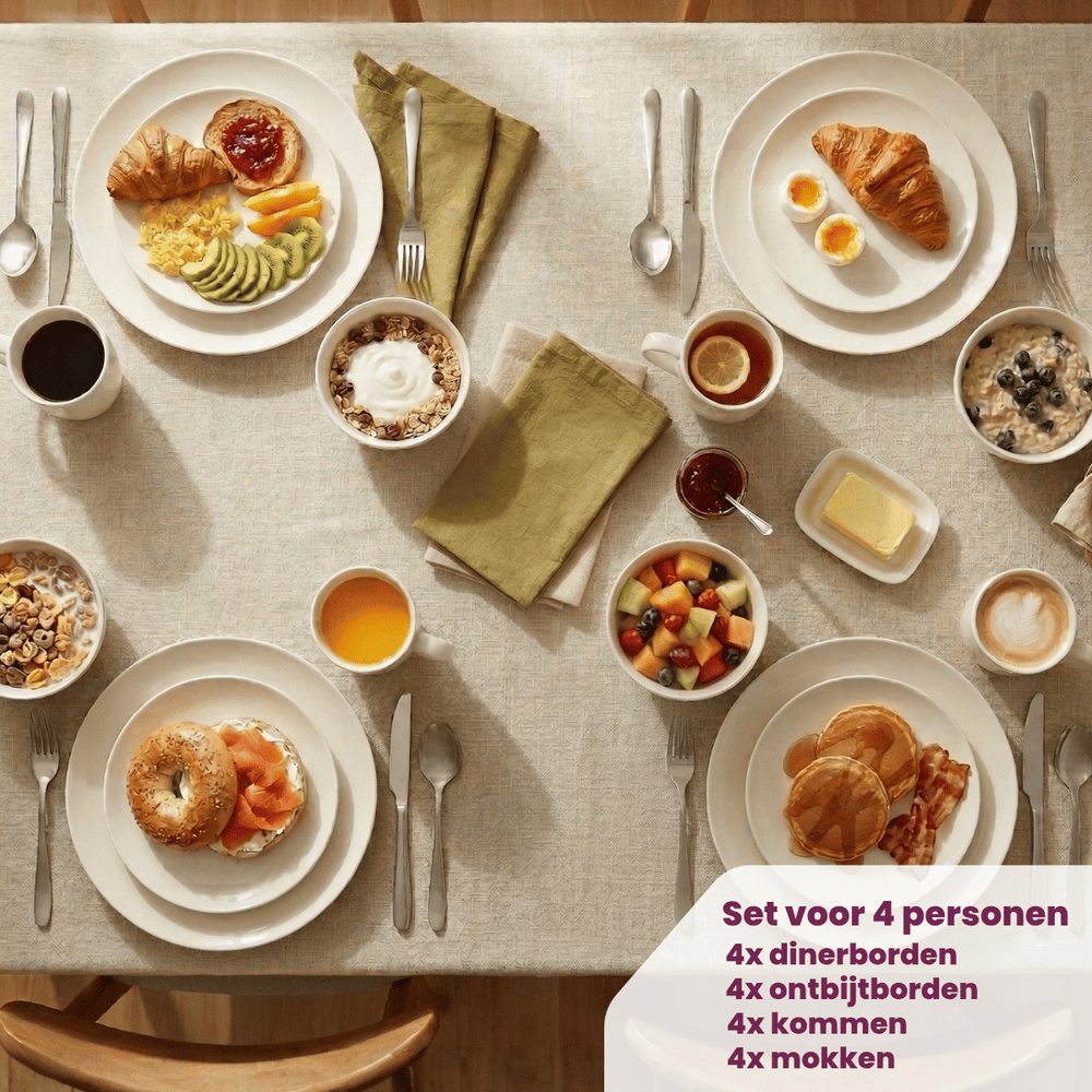 Cookinglife Dinnerware Set Porcelain White 16-piece / 4 people - 4 dinner plates, 4 side plates, 4 bowls, and 4 mugs