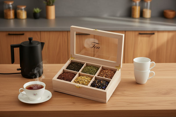Cookinglife Tea Box - Tea Chest - Paulownia Wood 6-Compartment