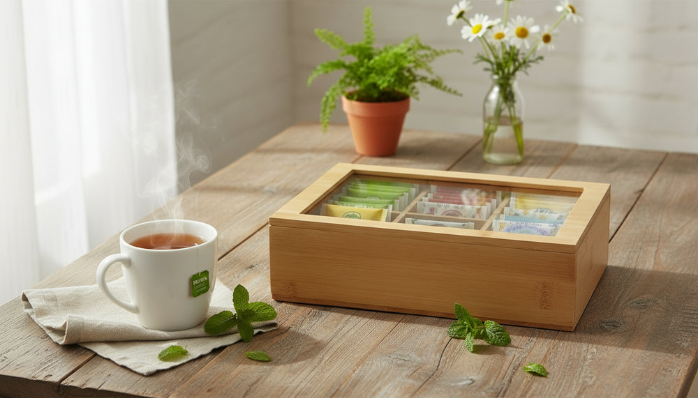 Cookinglife Tea Box - Tea Chest - Natural Bamboo 6-compartment - 24 x 16 cm