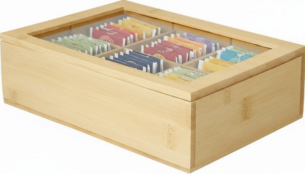 Cookinglife Tea Box - Tea Chest - Natural Bamboo 6-compartment - 24 x 16 cm