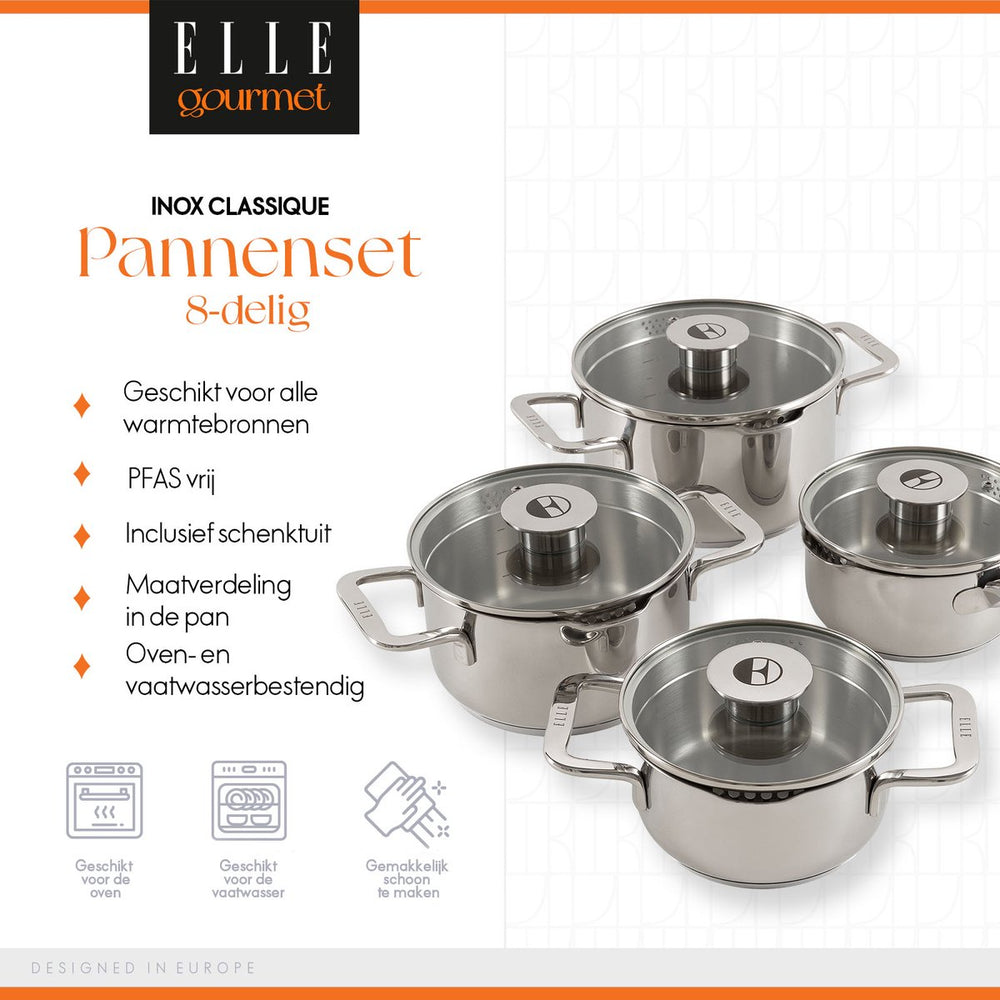 ELLE Gourmet Classique 8-piece Cookware set with matching lids - Non-stick - stainless steel