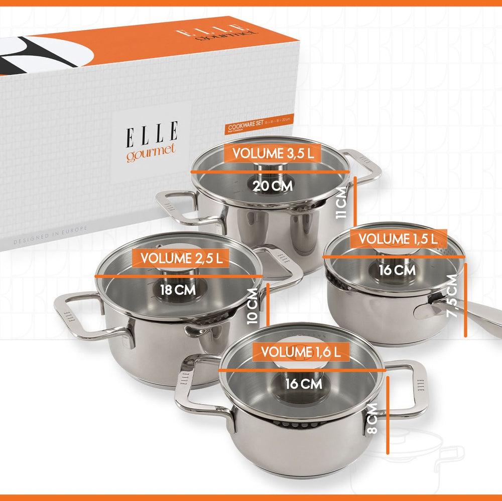 ELLE Gourmet Classique 8-piece Cookware set with matching lids - Non-stick - stainless steel