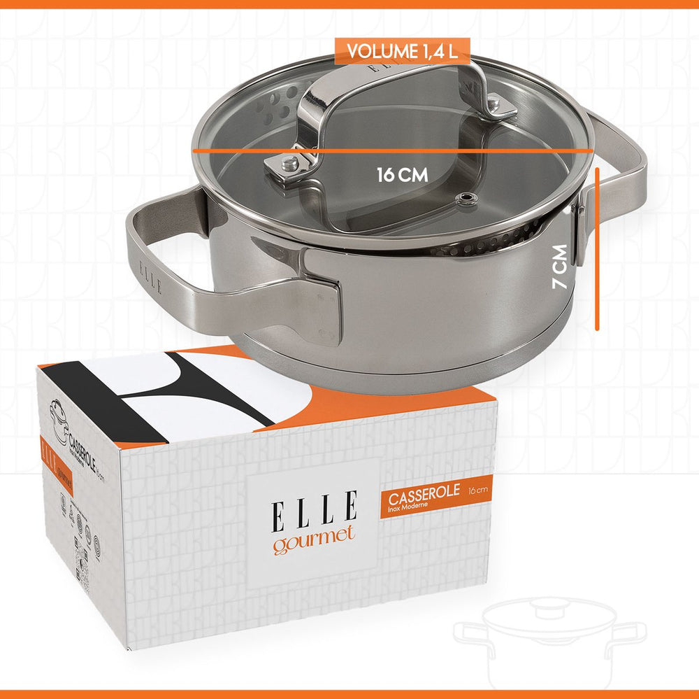 ELLE Gourmet Modern Cooking Pot with Lid - Ø 16 cm - stainless steel