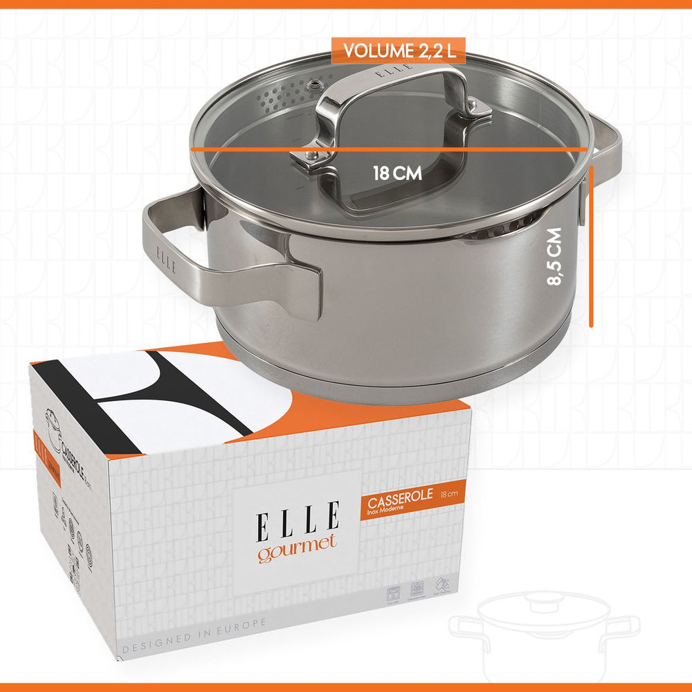 ELLE Gourmet Modern Cooking Pot with Lid - Ø 18 cm - stainless steel