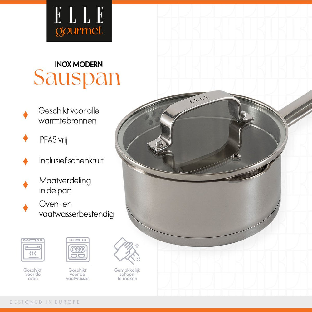 ELLE Gourmet Moderne sauce pan with Lid - Ø 16 cm - Without non-stick coating - stainless steel