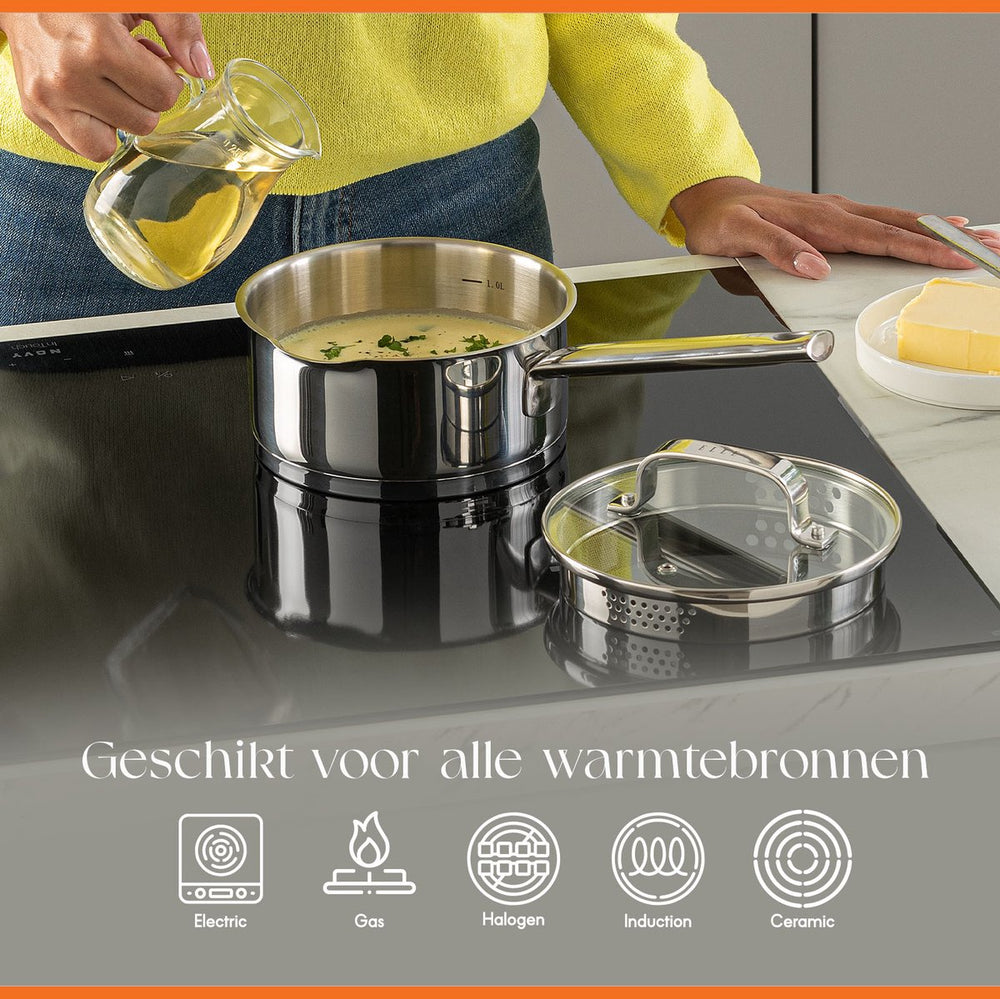 ELLE Gourmet Moderne sauce pan with Lid - Ø 16 cm - Without non-stick coating - stainless steel