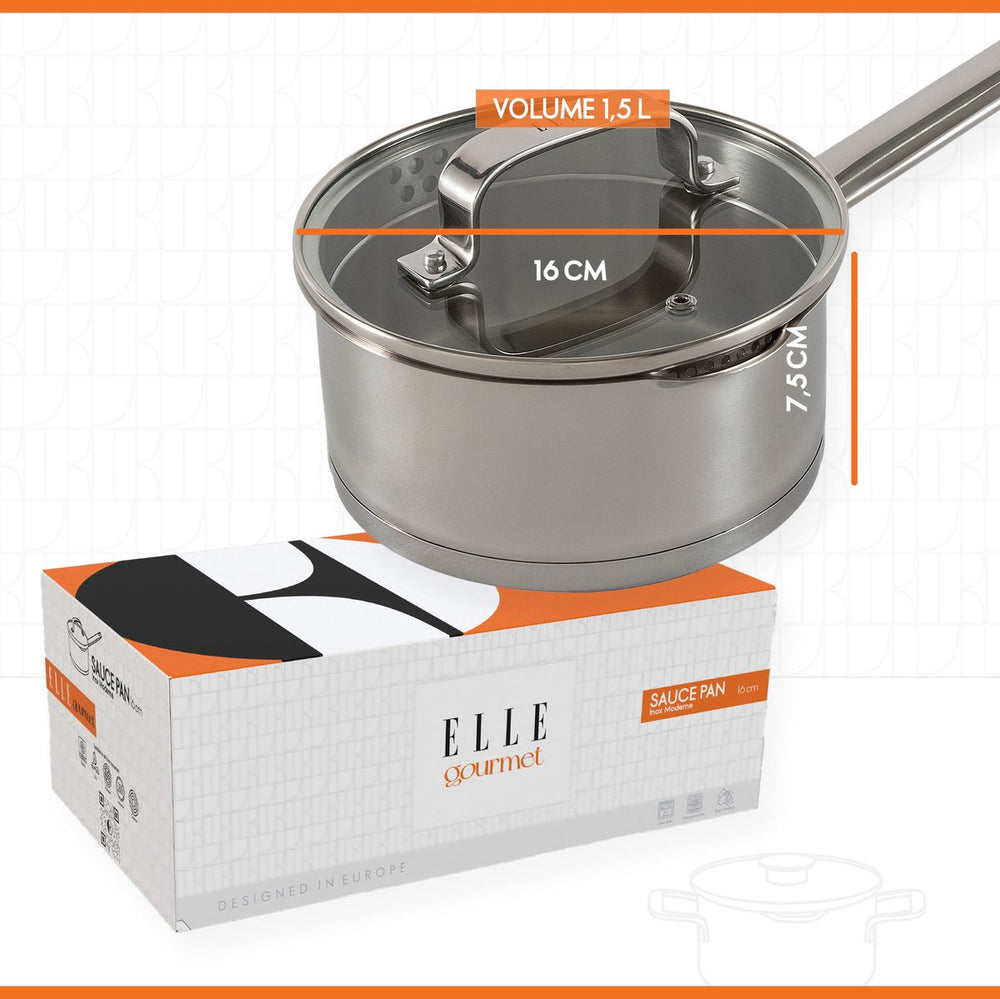 ELLE Gourmet Moderne sauce pan with Lid - Ø 16 cm - Without non-stick coating - stainless steel