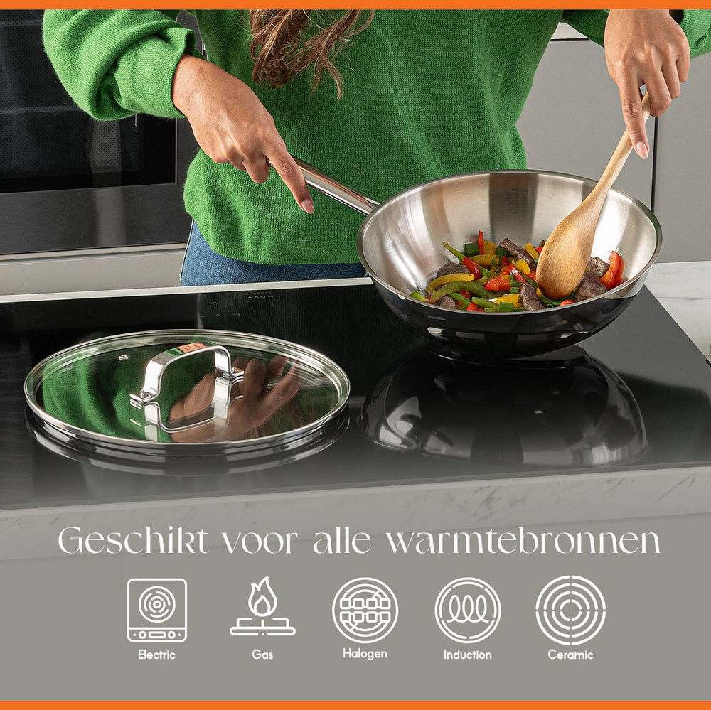 ELLE Gourmet Modern Wok pan with Lid - Ø 28 cm - Non-stick - stainless steel