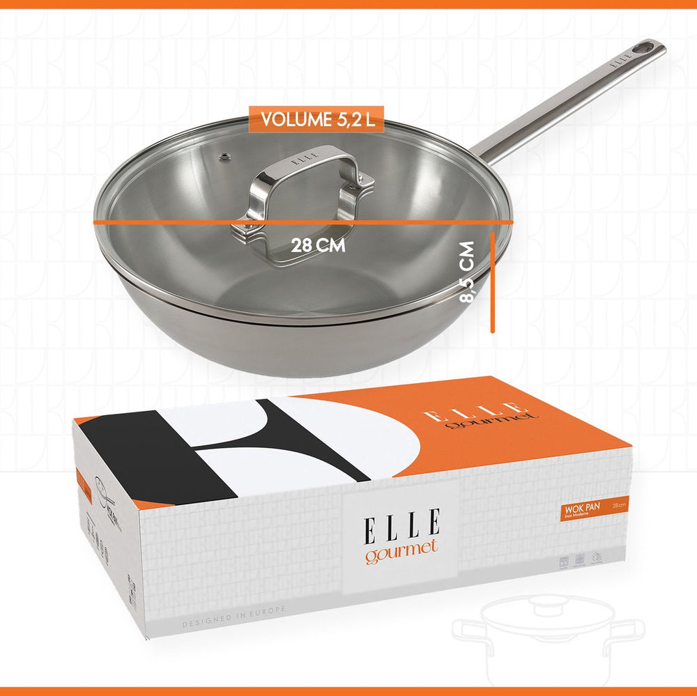 ELLE Gourmet Modern Wok pan with Lid - Ø 28 cm - Non-stick - stainless steel