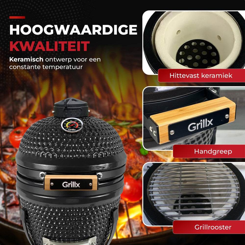 GrillX Kamado 13 Inch - including storage cover - Barbecue Egg - Charcoal Barbecue - Black - Ø 27 cm