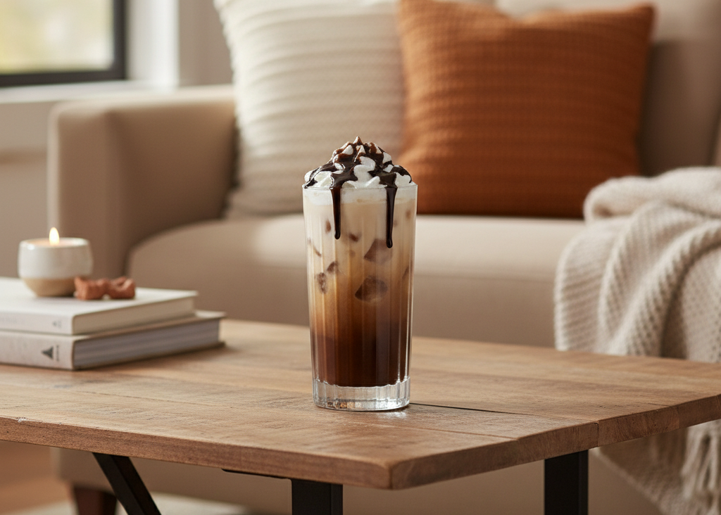 A refreshing iced coffee with creamy milk and rich chocolate flavour.