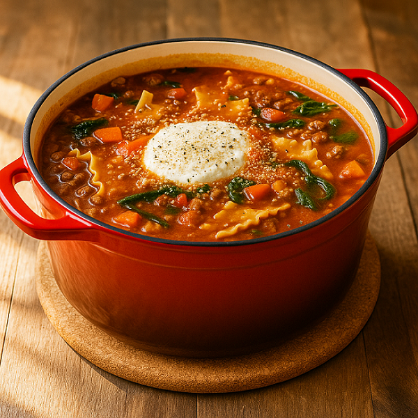 A warming soup with all the flavours of classic lasagna, but conveniently in a bowl.