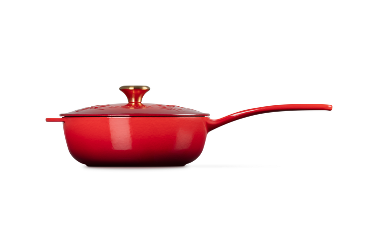 Le Creuset Saucepan Cast Iron - Gold Knob - Holly Christmas - Cherry Red - ø 21 cm / 2 Liter