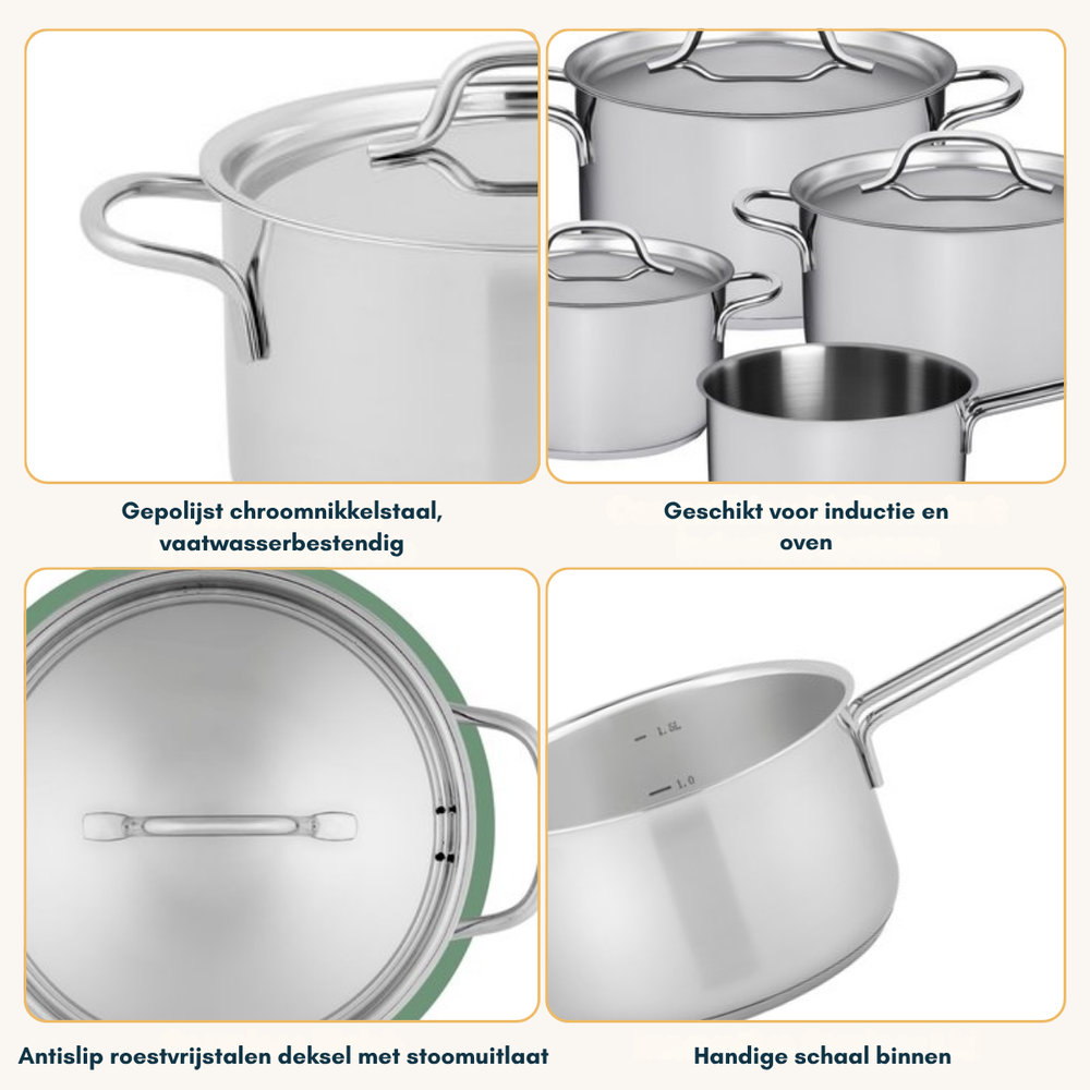 Sola Mirage Cookware Set - Stainless Steel - Cooking Pots ø 16, 18, 20 cm & Saucepan ø 16 cm - Induction Suitable - 4 Piece