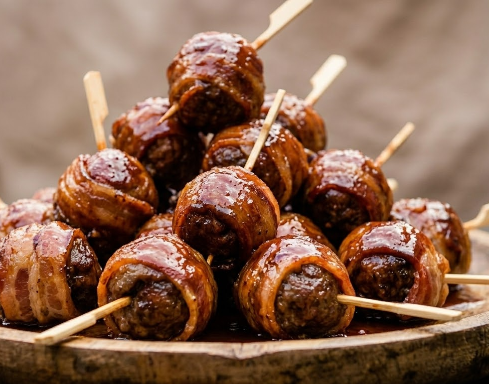 Crispy bacon, juicy meatballs, and a sticky glaze. Delicious to snack on.