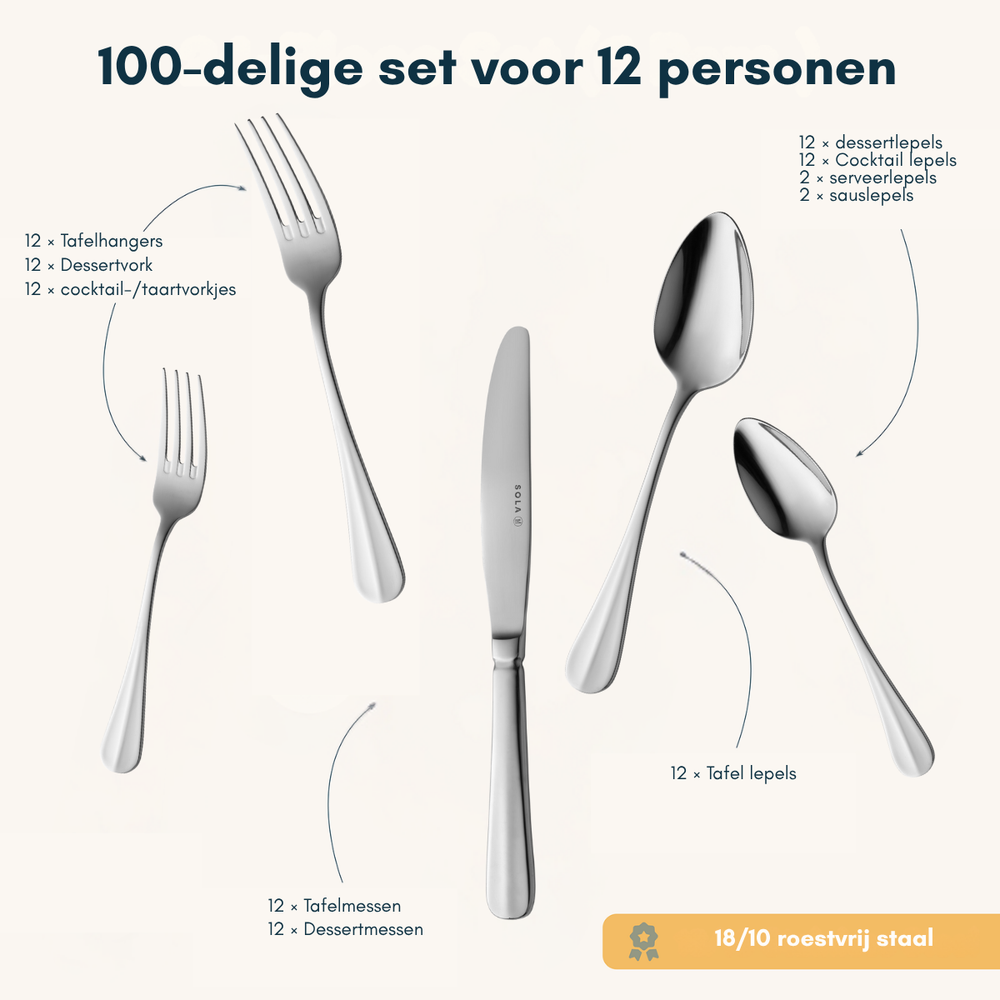 Sola Cutlery Set Dutch Smooth - 18/10 Stainless Steel - 100 pieces / 12 people