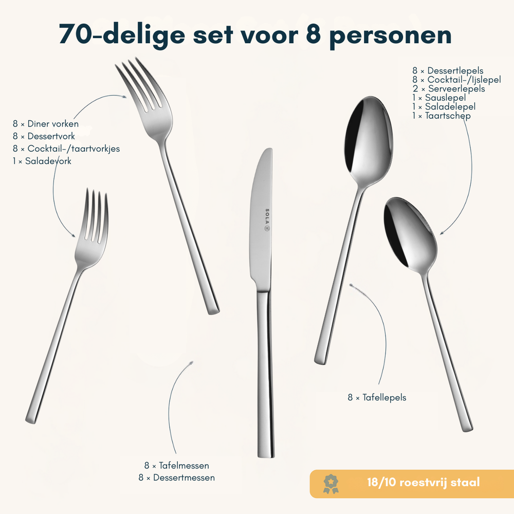 Sola Cutlery Set Luxor - 18/10 Stainless Steel - 70 pieces / 8 people