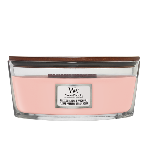 WoodWick Scented Candle Ellipse Pressed Blooms & Patchouli - 9 cm / 19 cm - Scented Candle in Glass - Wooden Wick