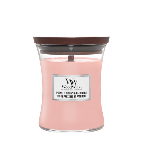 WoodWick Scented Candle Medium Pressed Blooms & Patchouli - 11 cm / ø 10 cm - Scented Candle in Glass - Wooden Wick