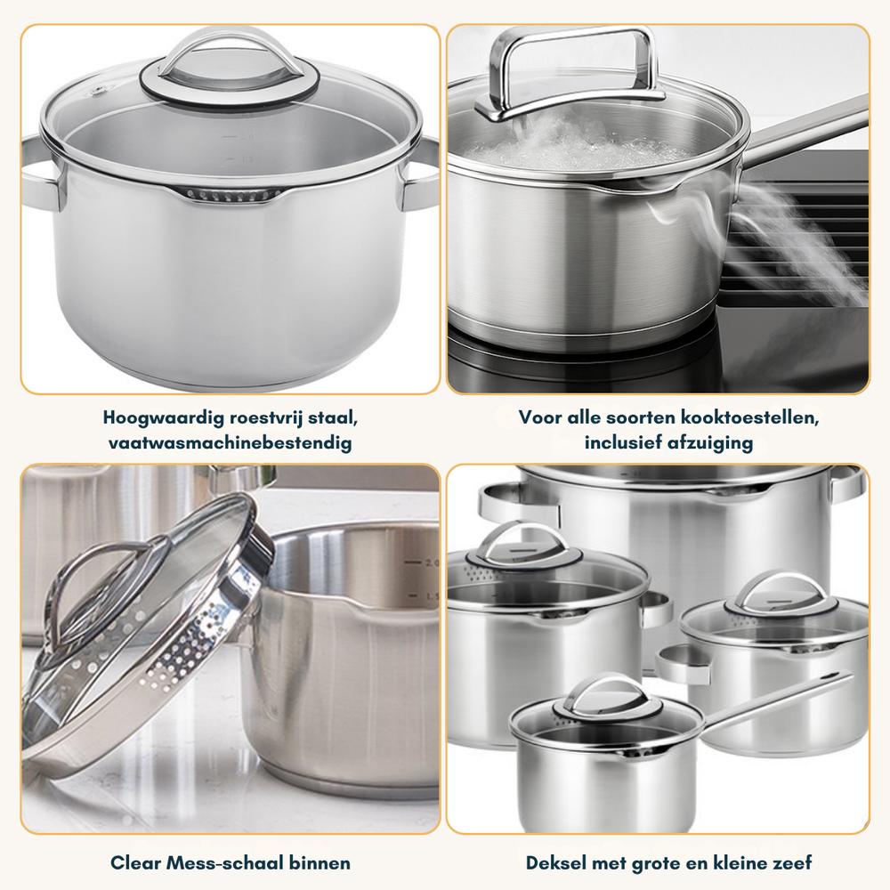 Sola Cookware set Pearl - 4-piece - Induction suitable - stainless steel - Cooking pan ø 16 / 18 / 20 cm -. sauce pan ø 16 cm