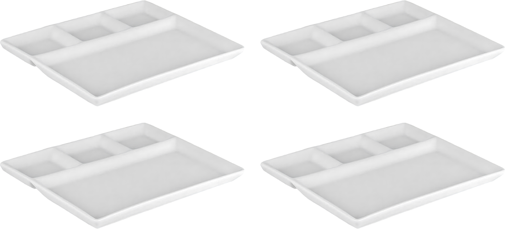 Fondue plates / Gourmet plates / BBQ-plates - 3 compartments - White - 26 x 20 cm - 4 pieces