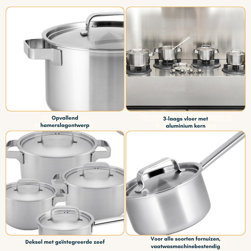 Sola Cookware Set Ruby - Stainless Steel - Cooking Pot ø 16, 18, 20, 24 cm & Saucepan ø 16 cm - Suitable for induction - 5 Pieces