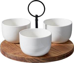 Cookinglife Serveerset / tapasset 4-delig - Acacia Hout ø 19 cm - Met Porseleinen Schaaltjes