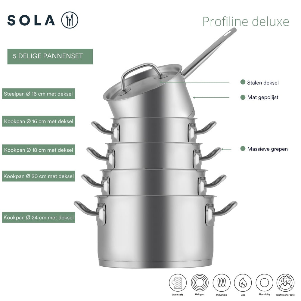 Sola Cookware Set Profiline Deluxe - Stainless Steel - Cooking Pots ø 16, 18, 20, 24 cm & Saucepan ø 16 cm - Suitable for induction - 5 Pieces