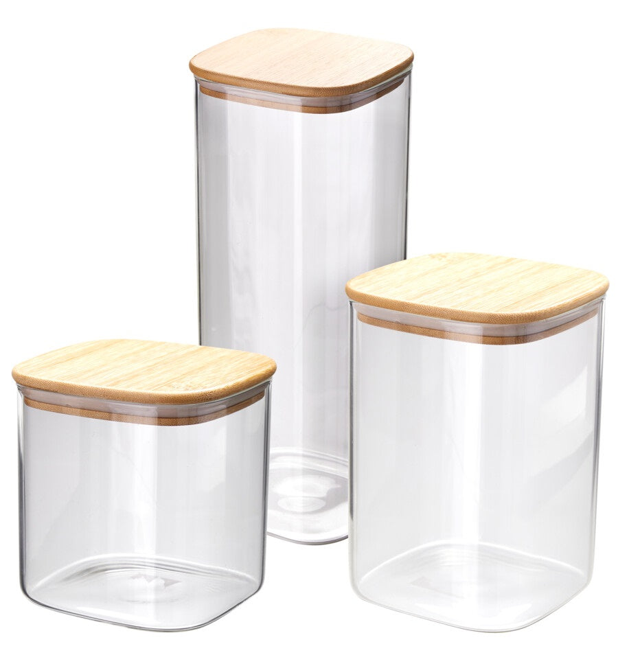 Cookinglife Storage Jars Set - Glass Bamboo Lid - Store Dry Ingredients - 3 pieces
