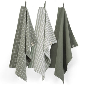 Walra Kitchen Cloths Set Cubes Uni, Stripes & Blocks Army Green 50 x 70 cm - 3 Pieces