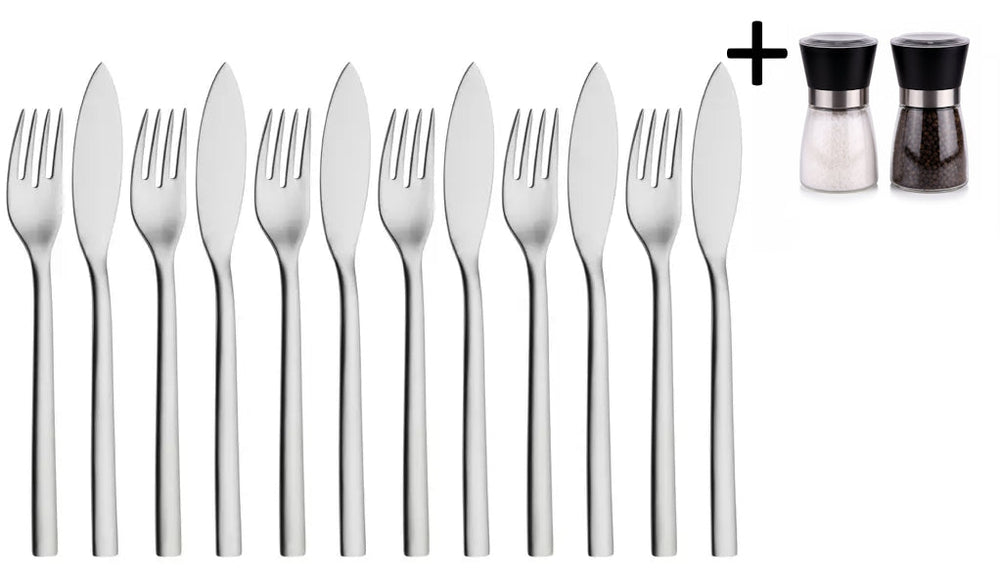 WMF Fish Cutlery Set Nuova 12-piece - Including FREE Cookinglife Pepper and Salt Mill Set
