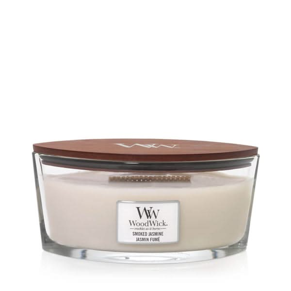 WoodWick Scented Candle Ellipse Smoked Jasmine - 9 cm / 19 cm - Scented Candle in Glass - Wooden Wick