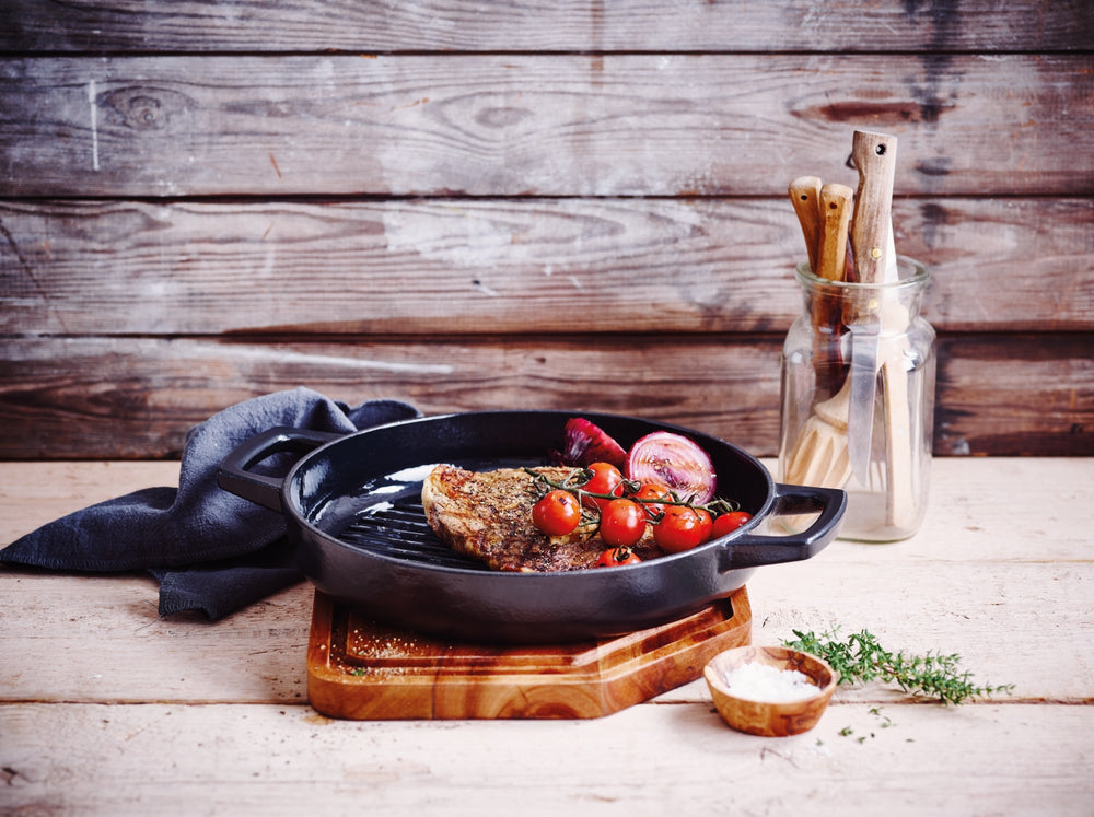 Alva Grill Pan - Grill Plate - Nori - Cast Iron ø 28 cm - Enameled Non-stick Coating + Free Leather Handles