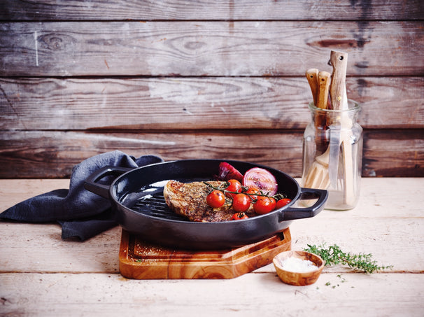 Alva Grill Pan - Grill Plate - Nori - Cast Iron ø 28 cm - Enameled Non-stick Coating + Free Leather Handles