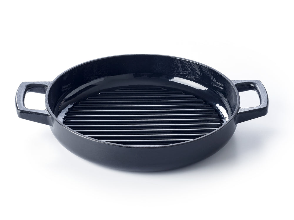 Alva Grill Pan - Grill Plate - Nori - Cast Iron ø 28 cm - Enameled Non-stick Coating + Free Leather Handles