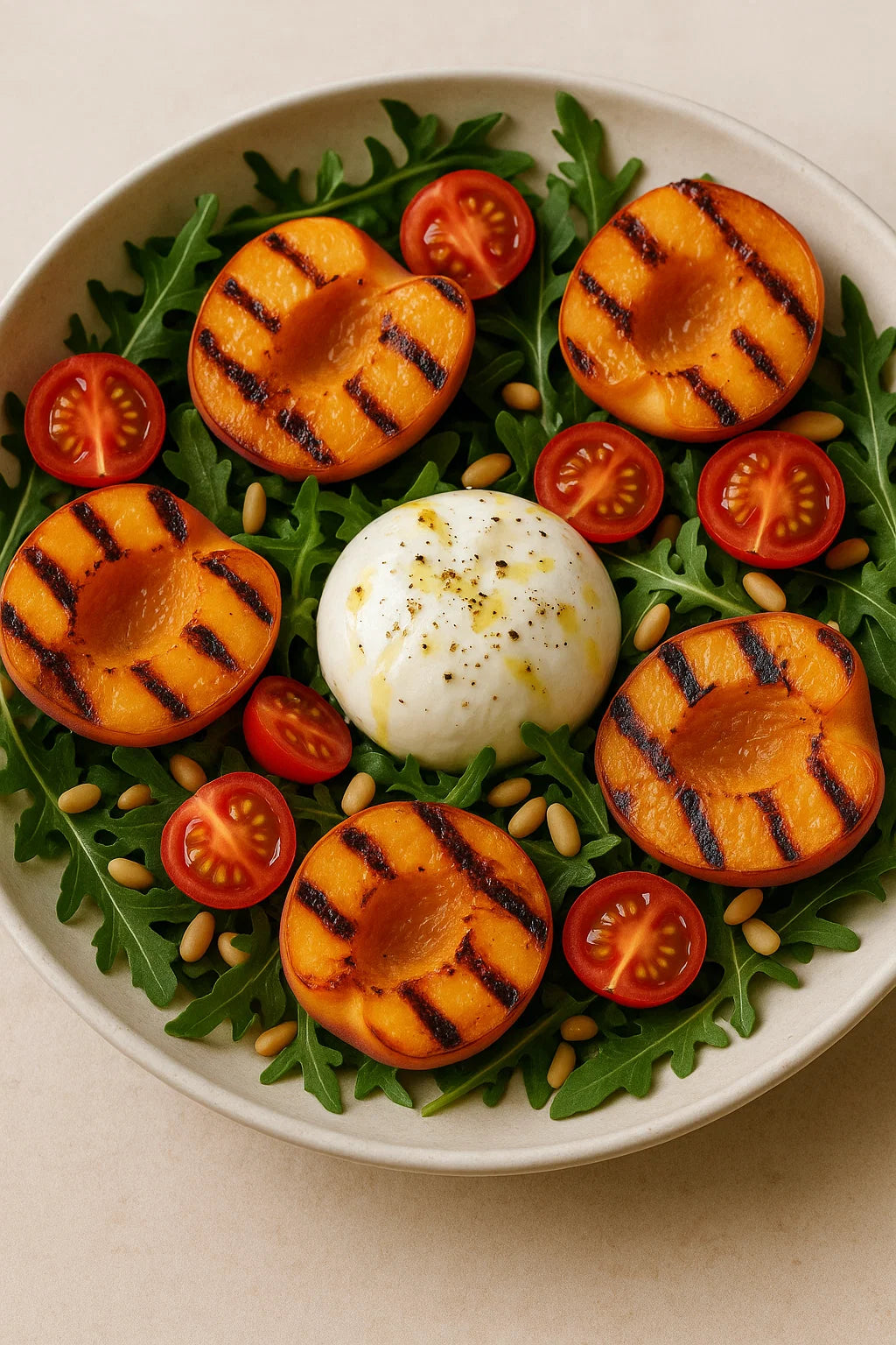Een frisse en smakelijke salade met zoete perziken en romige burrata.