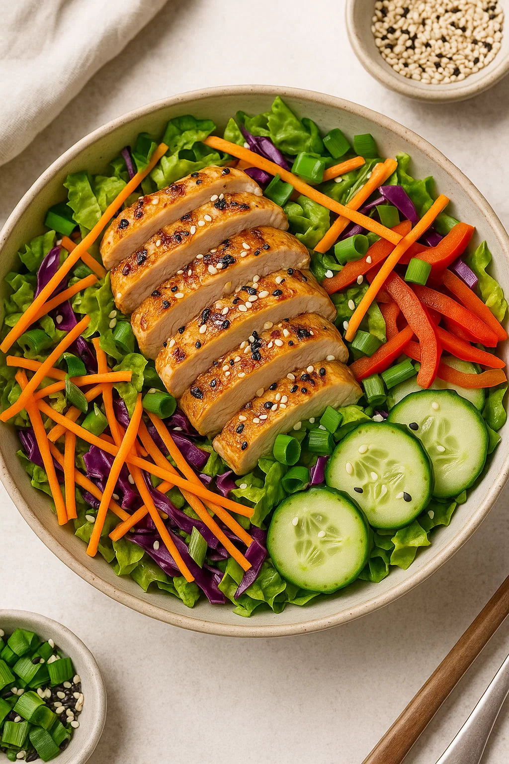 Geniet van een frisse en kleurrijke salade met malse kip en een pittige sojaginger dressing.