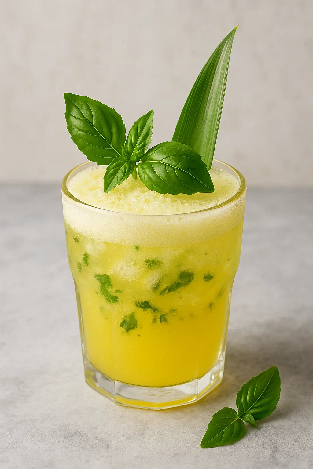 A refreshing tropical cocktail with pineapple and basil.