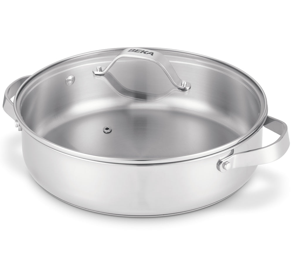 BEKA Sauté Pan with 2 Side Handles & Glass Lid - Sauté Pan - Cicla - Stainless Steel - ø 28 cm - without non-stick coating - suitable for all heat sources