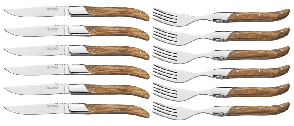 Blackwell Steak Cutlery Laguiole - Steak Knives & Forks - Olive Wood - 12 Pieces